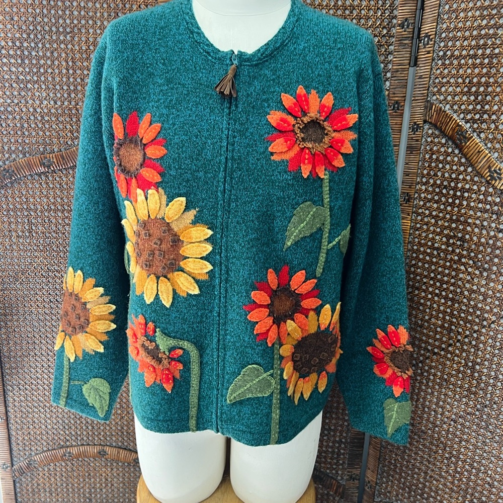 Susan Bristol lambswool sunflower cardigan sweater large - Picture 2 of 12